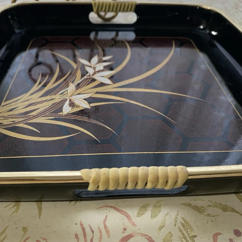 Himark Japanese Black Lacquer Ware Tray‎ Gold RED Floral Square 10